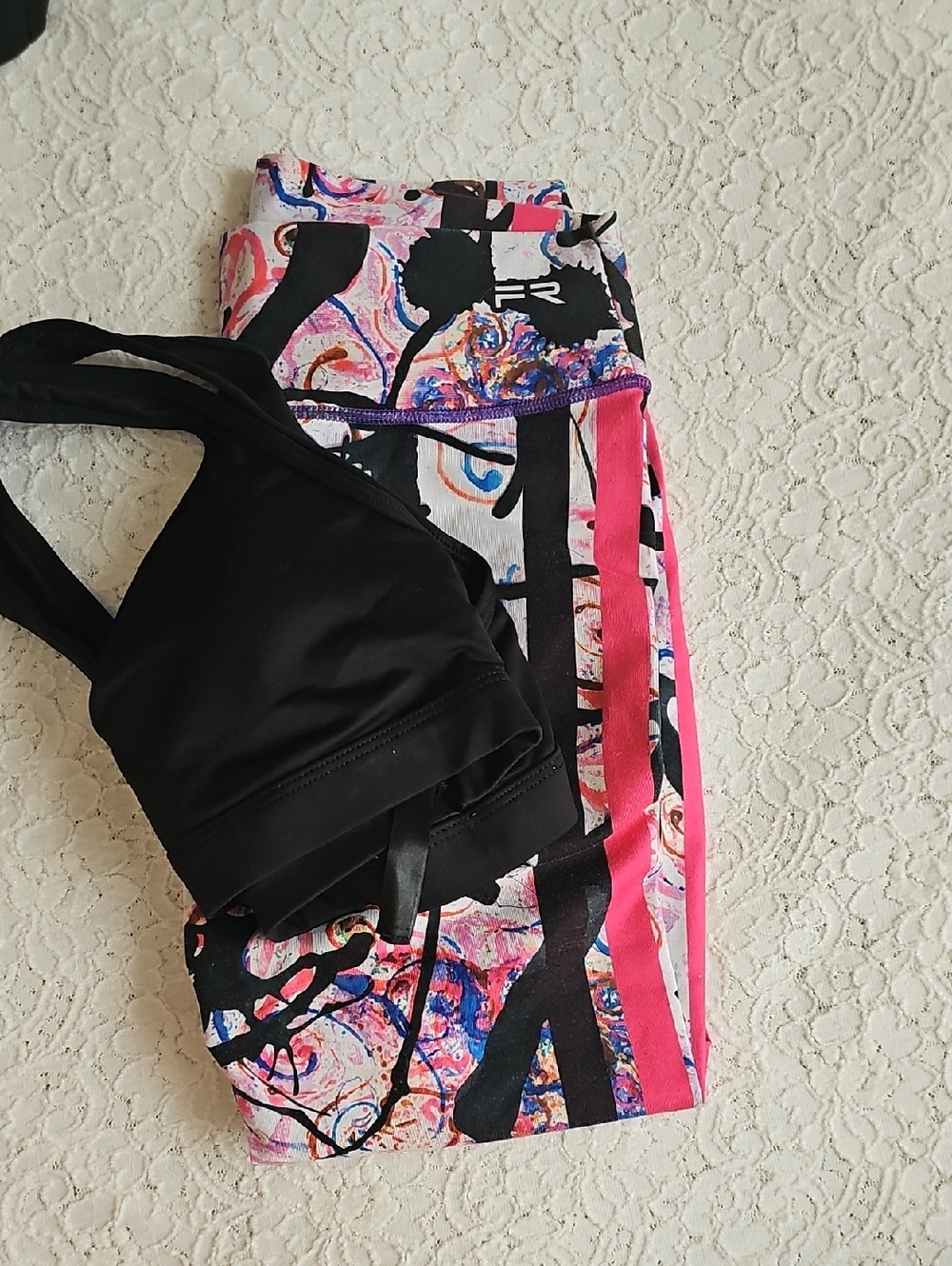 Victoria's Secret Black Sports Bra with Pink & Multicolor Abstract Leggings